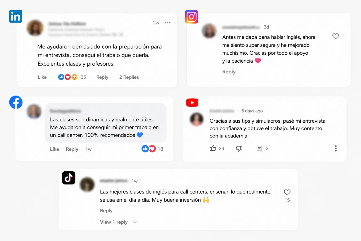 Comentarios reales de estudiantes de CCA en LinkedIn, Instagram, Facebook, YouTube y TikTok